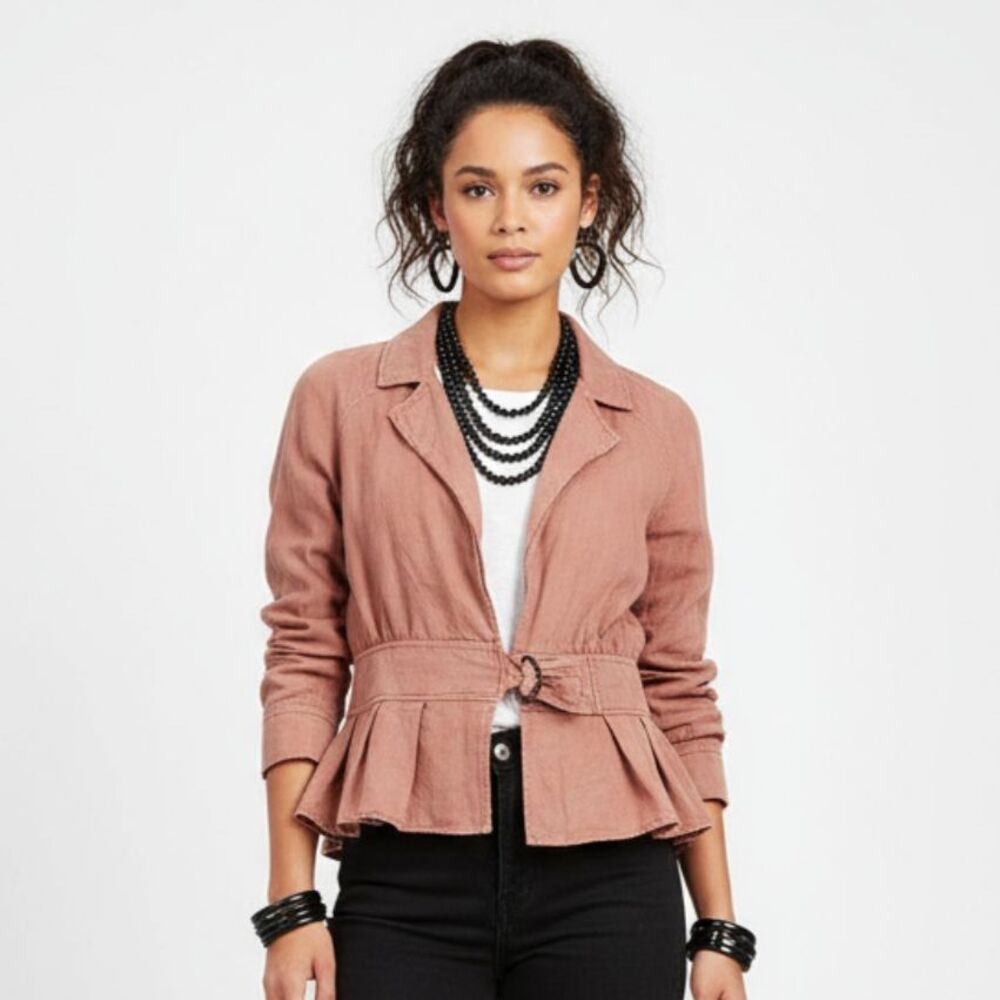 Free People Linen Blend Brown Buckle Front Dolman Sleeve Peplum Hem Jacket S